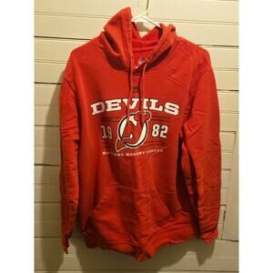 Majestic Hoodie Mens M New Jersey Devils NHL Pullover Red Graphic Fleece Lined